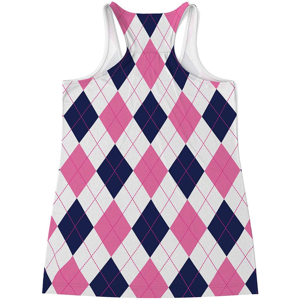 White Blue And Pink Argyle Pattern Print Women's Racerback Tank Top
