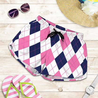 White Blue And Pink Argyle Pattern Print Women's Shorts