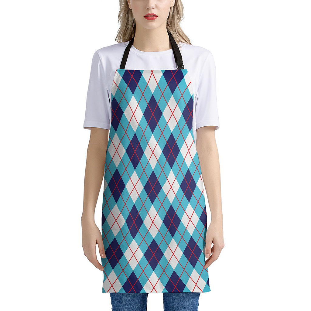 White Blue And Red Argyle Pattern Print Apron