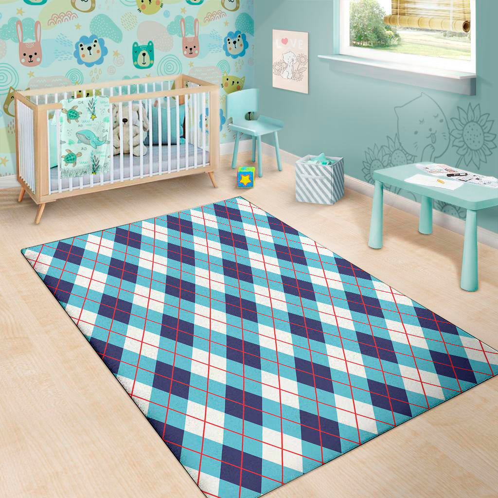White Blue And Red Argyle Pattern Print Area Rug