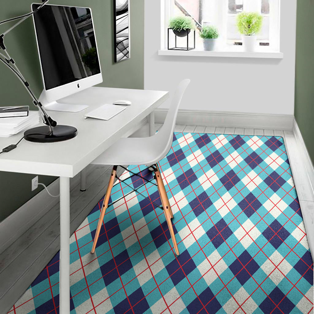 White Blue And Red Argyle Pattern Print Area Rug