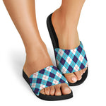 White Blue And Red Argyle Pattern Print Black Slide Sandals