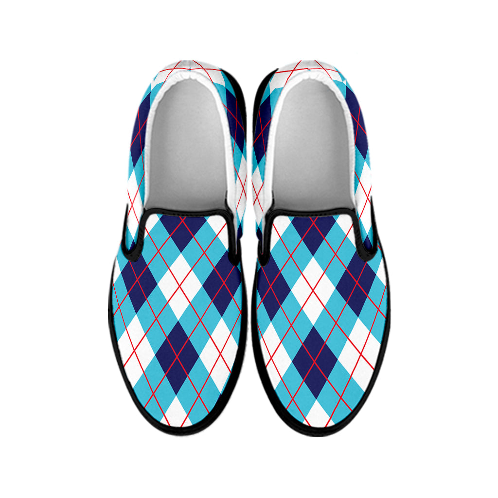 White Blue And Red Argyle Pattern Print Black Slip On Shoes