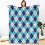 White Blue And Red Argyle Pattern Print Blanket