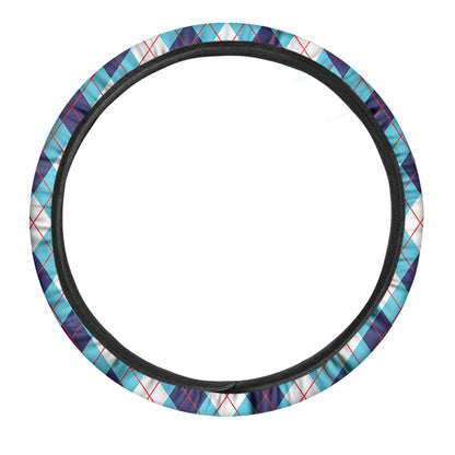 White Blue And Red Argyle Pattern Print Car Steering Wheel Cover