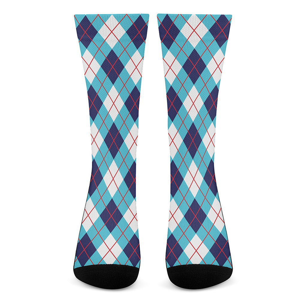 White Blue And Red Argyle Pattern Print Crew Socks