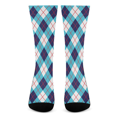 White Blue And Red Argyle Pattern Print Crew Socks