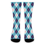 White Blue And Red Argyle Pattern Print Crew Socks