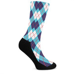 White Blue And Red Argyle Pattern Print Crew Socks