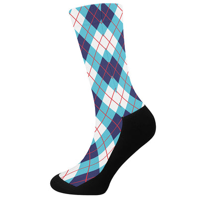 White Blue And Red Argyle Pattern Print Crew Socks