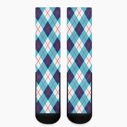 White Blue And Red Argyle Pattern Print Crew Socks