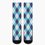 White Blue And Red Argyle Pattern Print Crew Socks