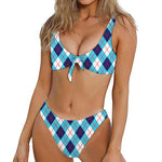 White Blue And Red Argyle Pattern Print Front Bow Tie Bikini