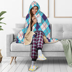 White Blue And Red Argyle Pattern Print Hooded Blanket