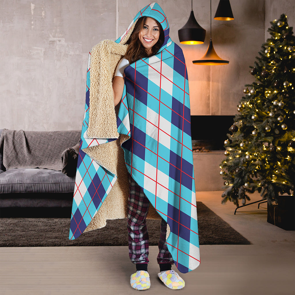 White Blue And Red Argyle Pattern Print Hooded Blanket