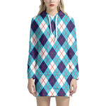 White Blue And Red Argyle Pattern Print Hoodie Dress