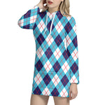 White Blue And Red Argyle Pattern Print Hoodie Dress