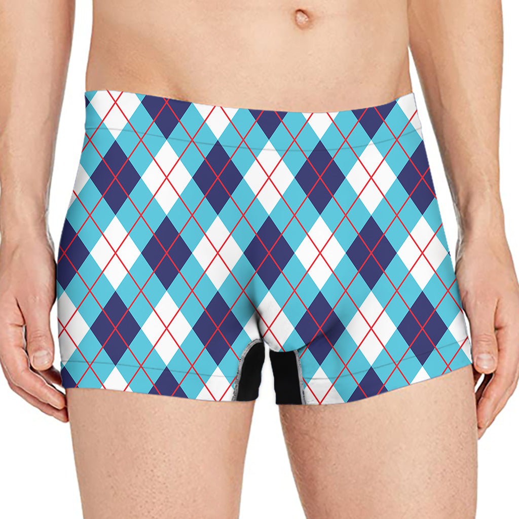 White Blue And Red Argyle Pattern Print Men's Boxer Briefs