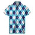 White Blue And Red Argyle Pattern Print Men's Short Sleeve Shirt