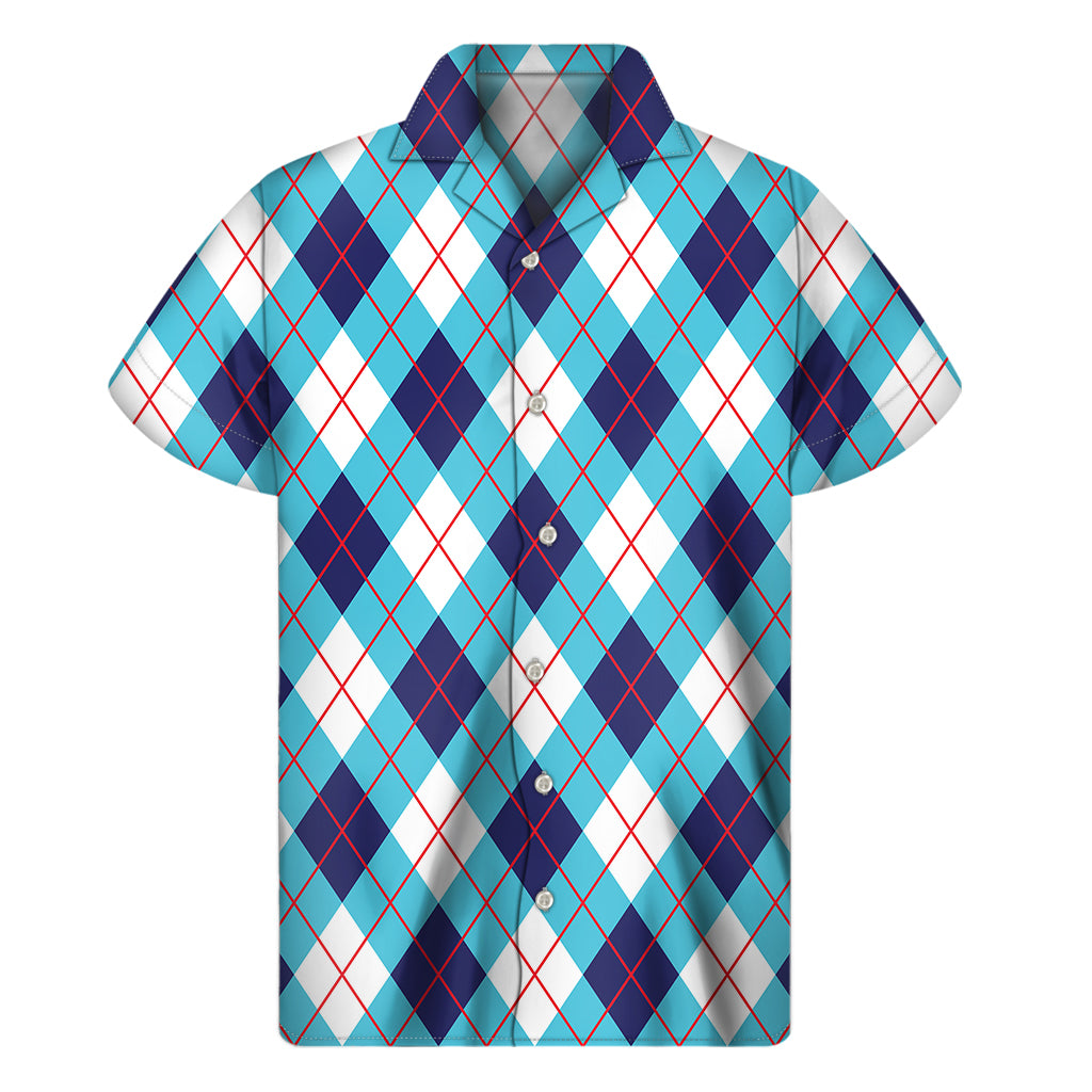 White Blue And Red Argyle Pattern Print Men's Short Sleeve Shirt