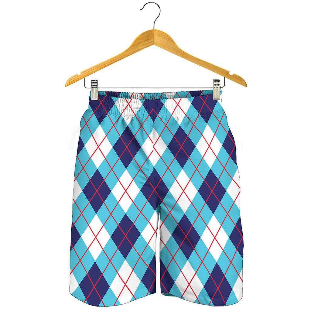 White Blue And Red Argyle Pattern Print Men's Shorts