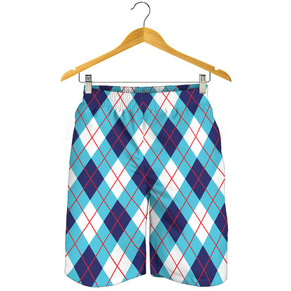 White Blue And Red Argyle Pattern Print Men's Shorts