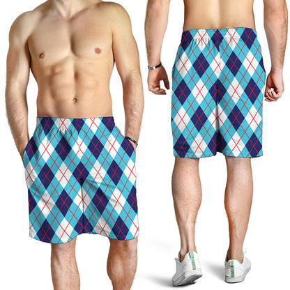 White Blue And Red Argyle Pattern Print Men's Shorts