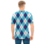 White Blue And Red Argyle Pattern Print Men's T-Shirt