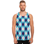 White Blue And Red Argyle Pattern Print Men's Tank Top