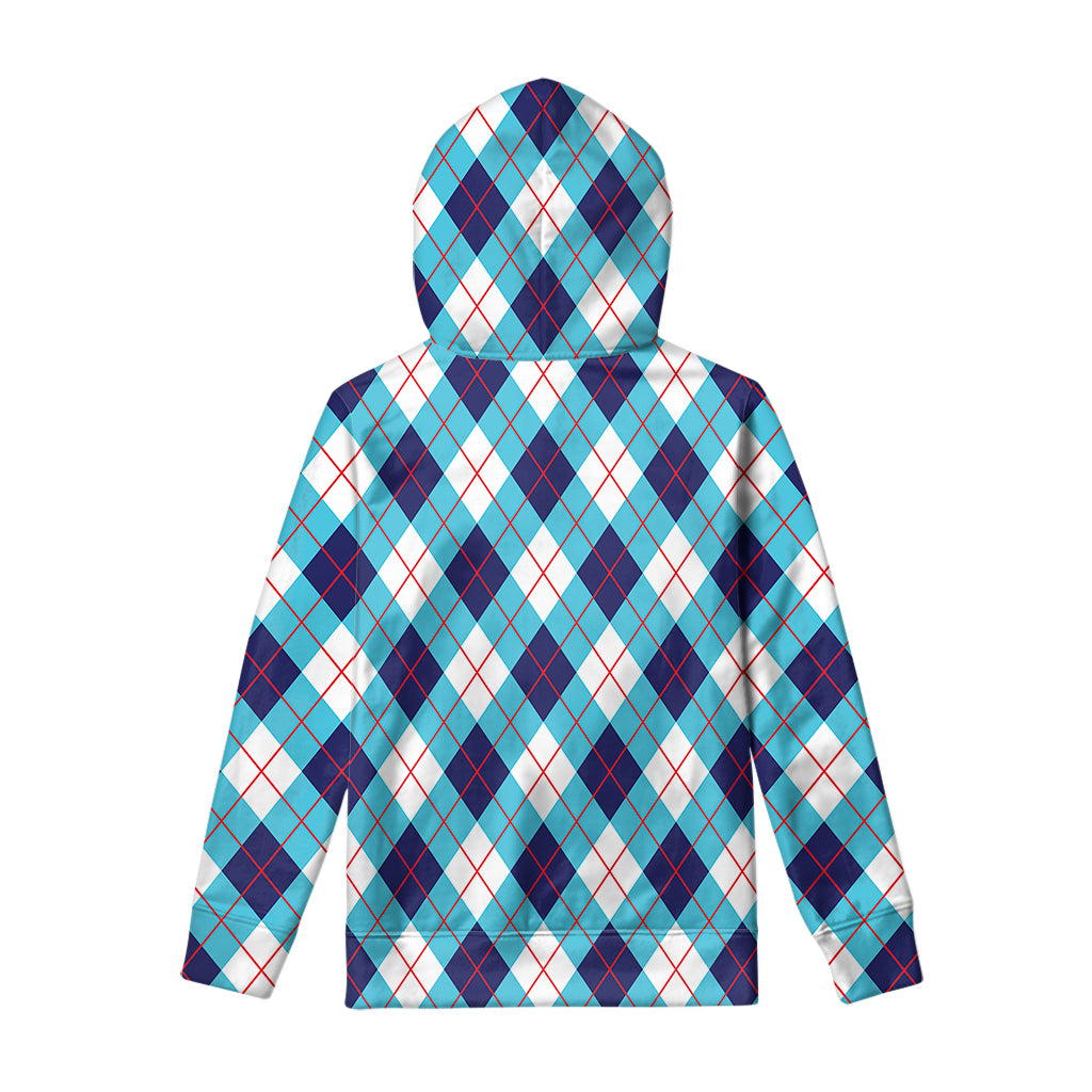White Blue And Red Argyle Pattern Print Pullover Hoodie