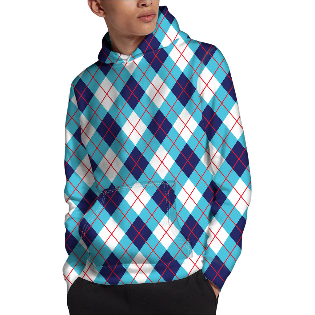 White Blue And Red Argyle Pattern Print Pullover Hoodie
