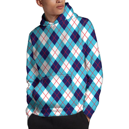 White Blue And Red Argyle Pattern Print Pullover Hoodie
