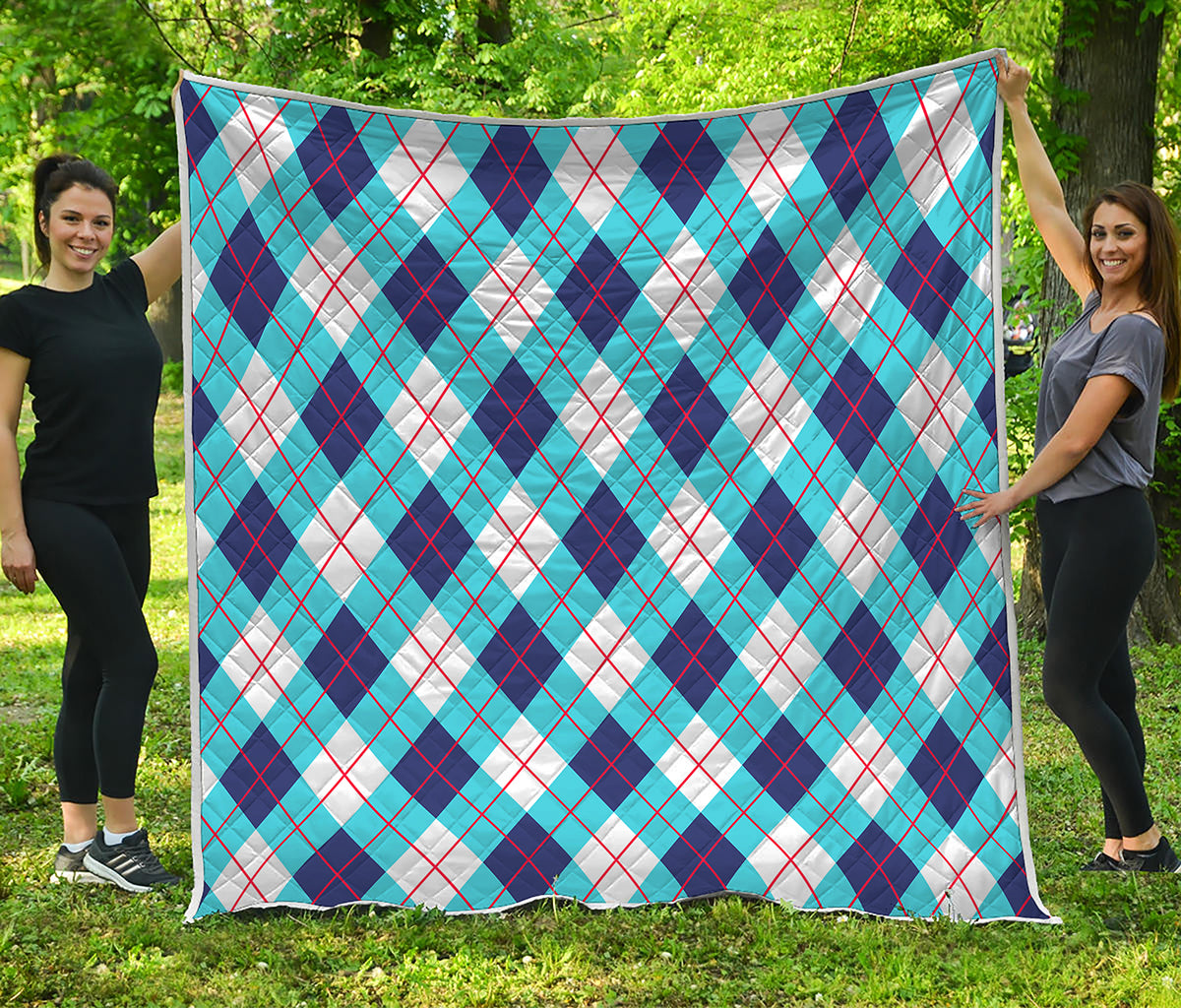 White Blue And Red Argyle Pattern Print Quilt
