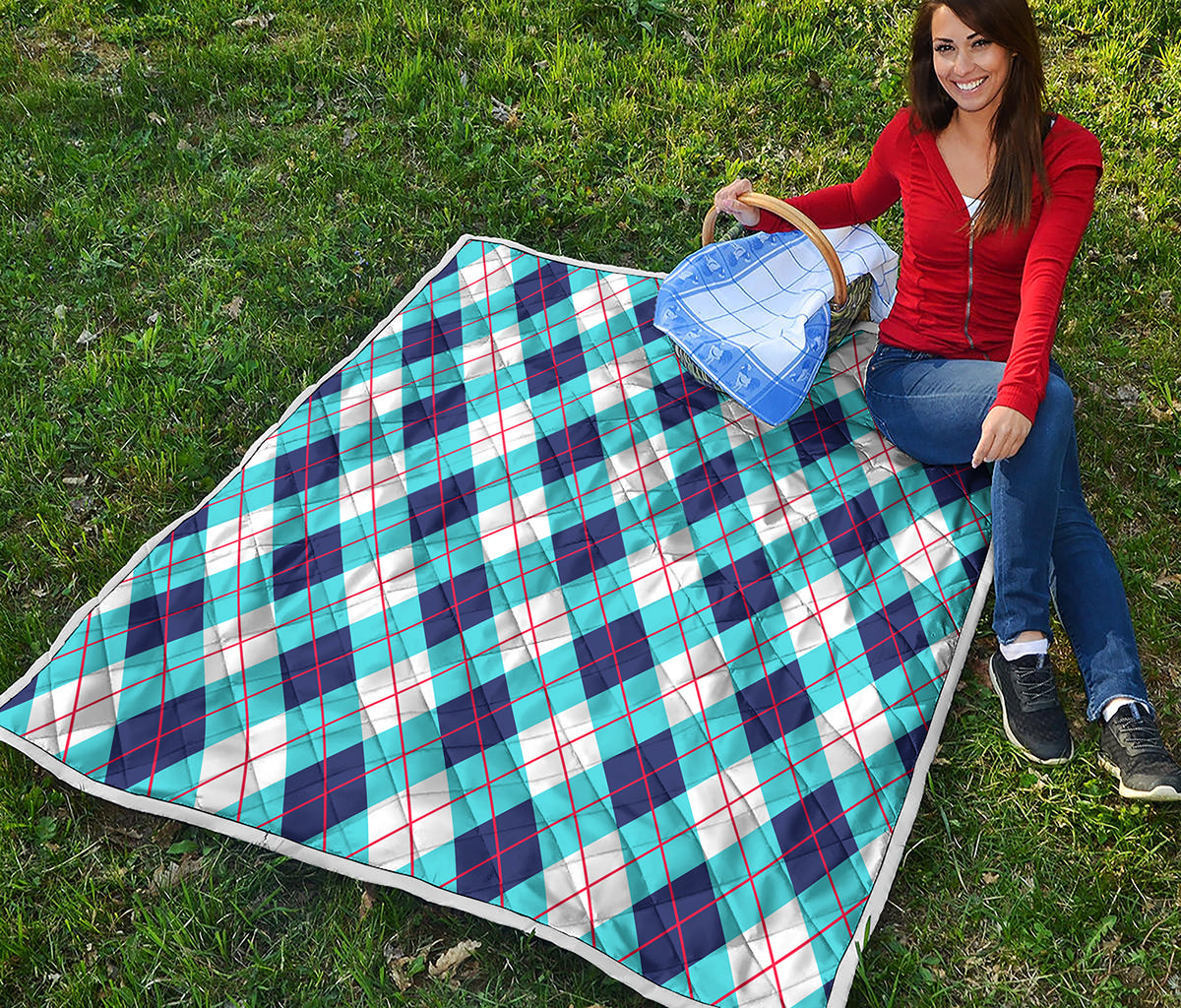 White Blue And Red Argyle Pattern Print Quilt