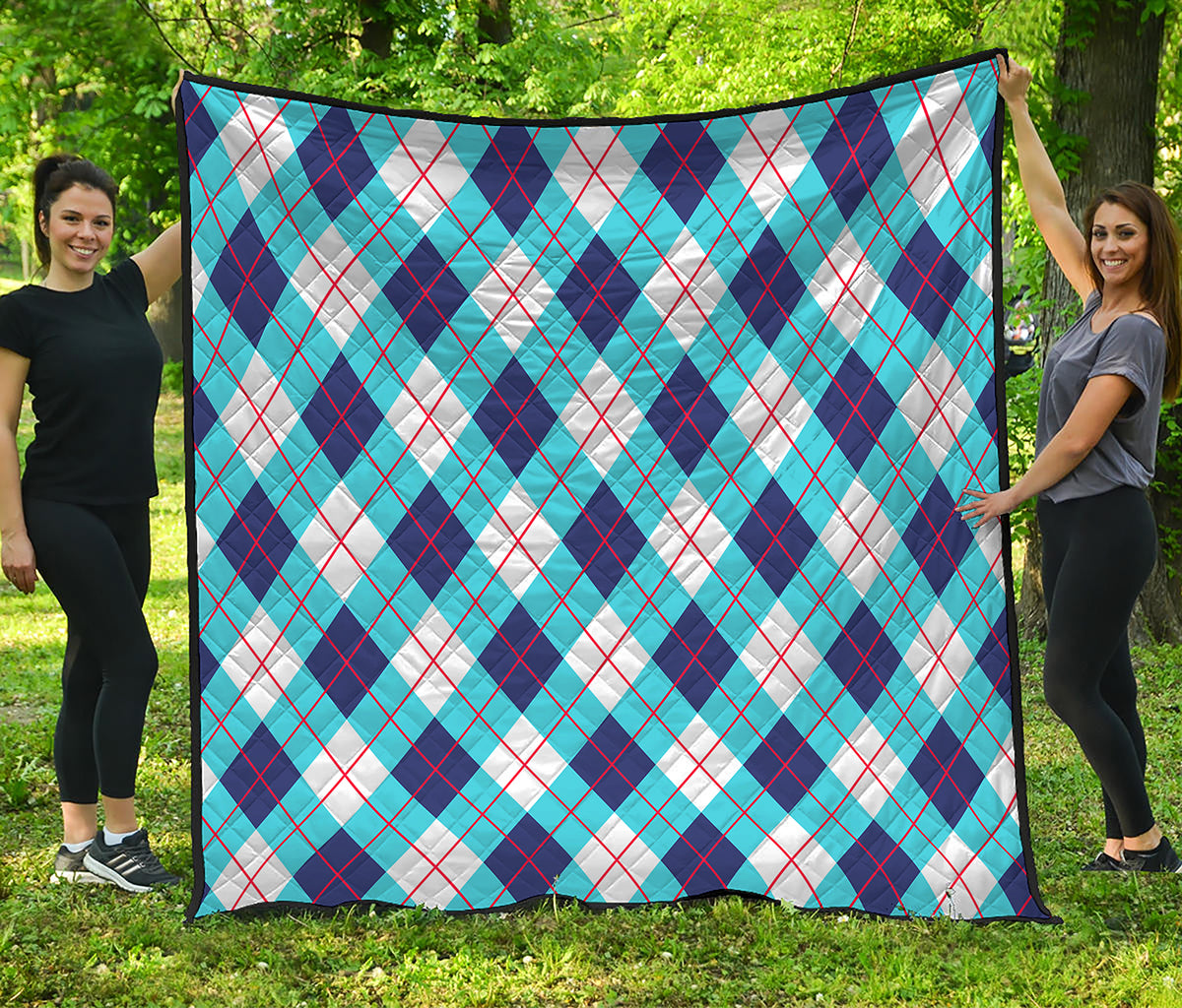 White Blue And Red Argyle Pattern Print Quilt