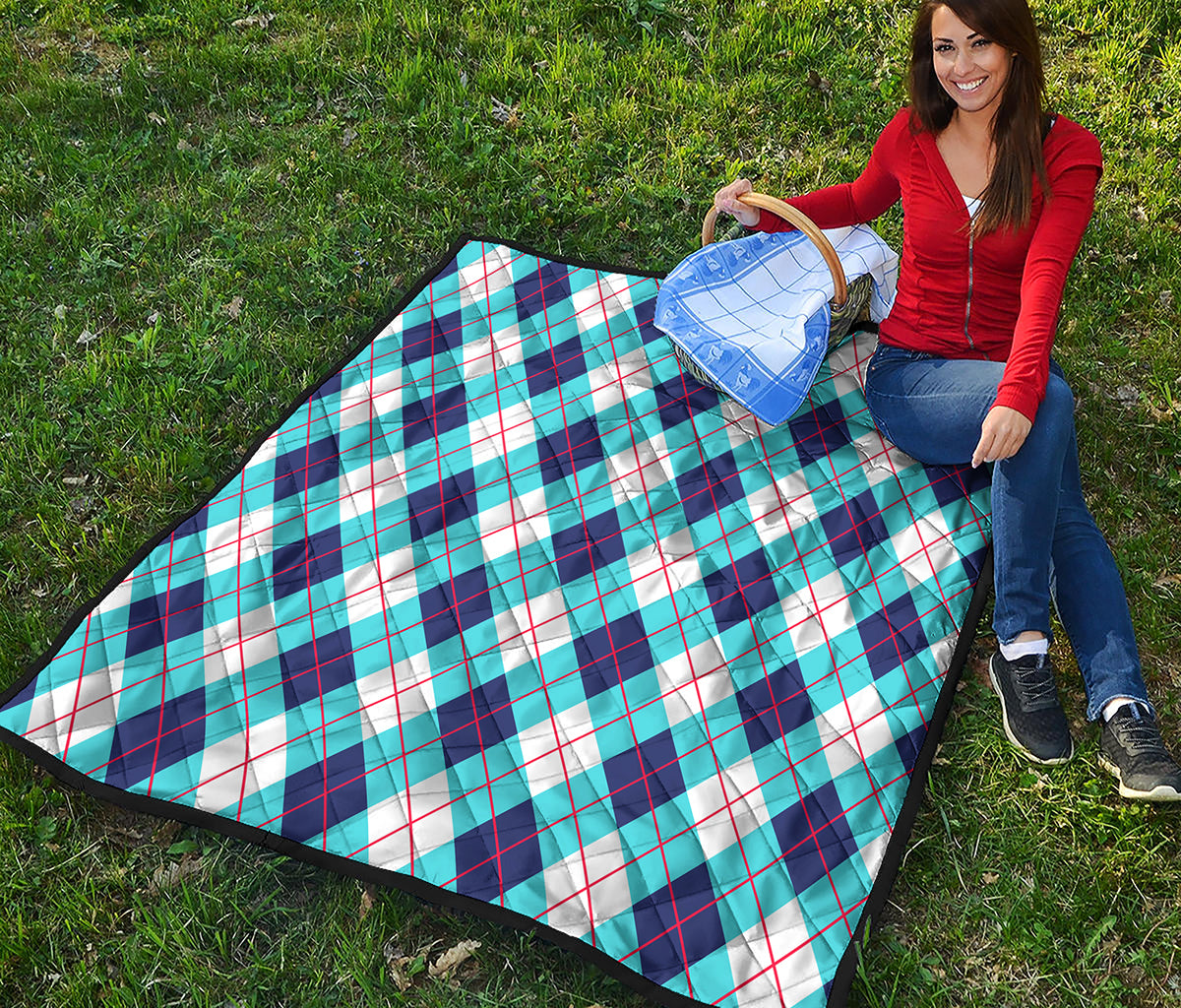 White Blue And Red Argyle Pattern Print Quilt