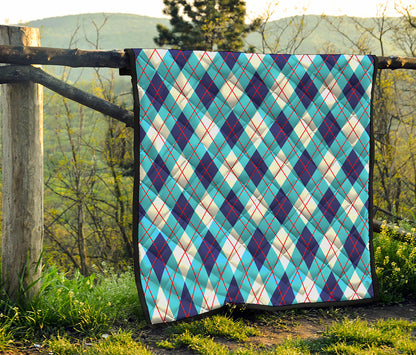White Blue And Red Argyle Pattern Print Quilt