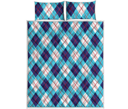 White Blue And Red Argyle Pattern Print Quilt Bed Set