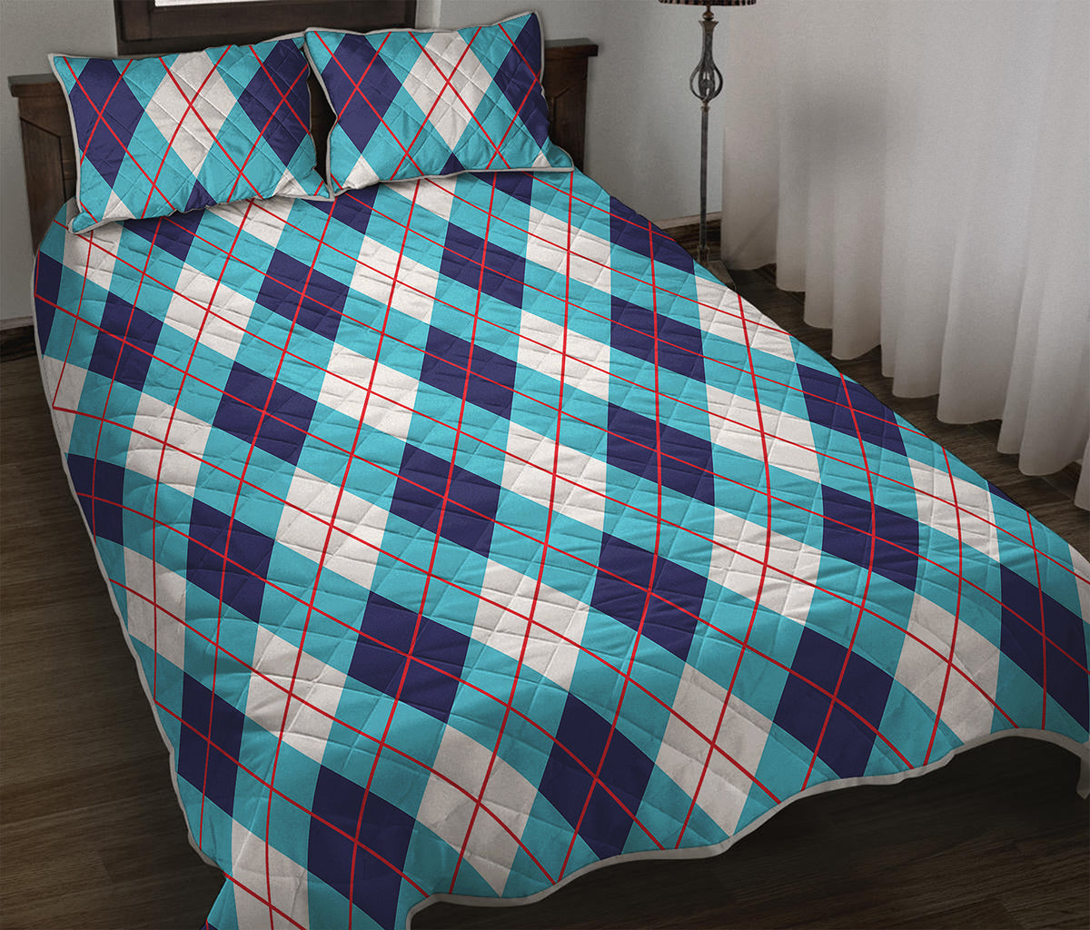White Blue And Red Argyle Pattern Print Quilt Bed Set