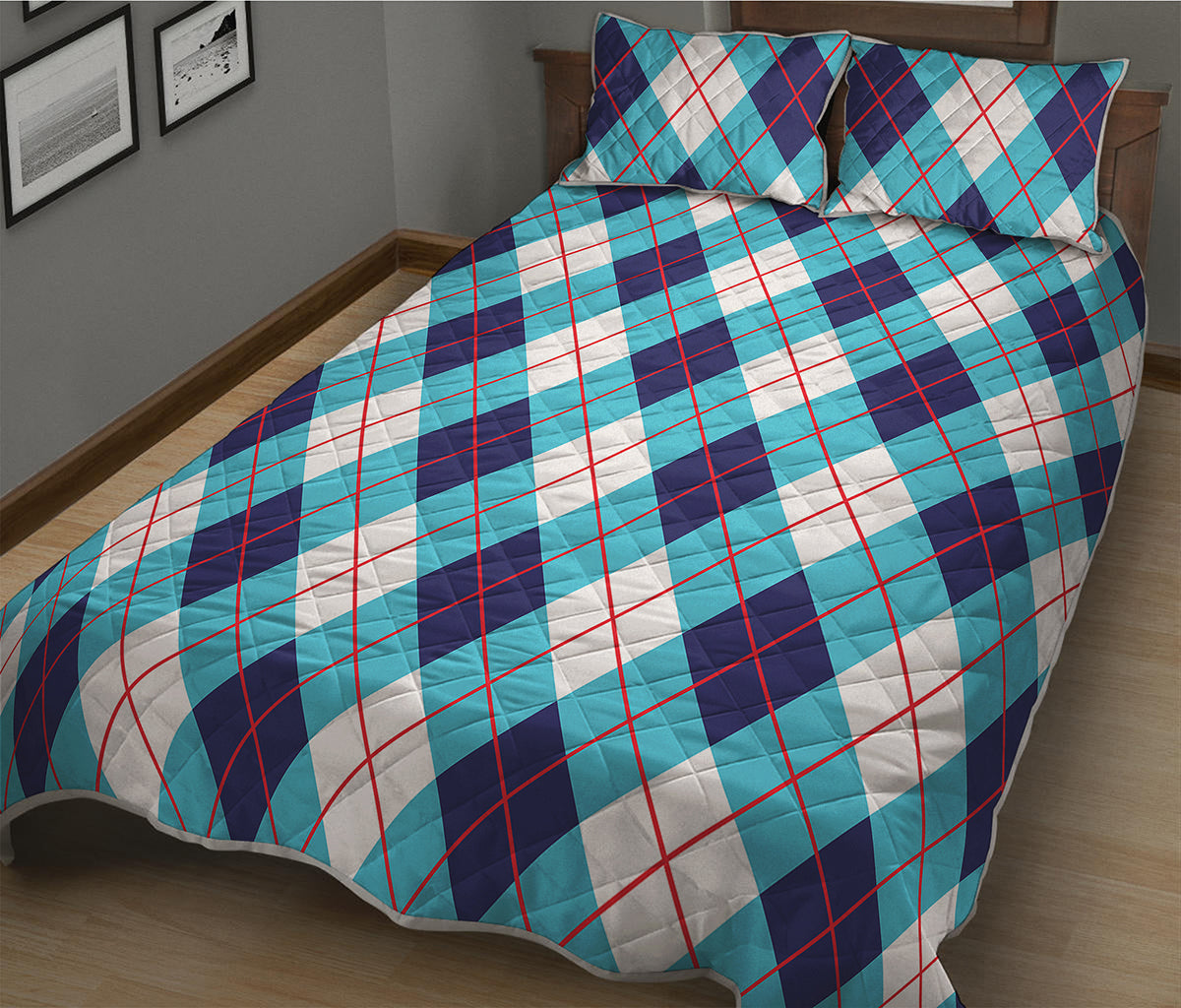 White Blue And Red Argyle Pattern Print Quilt Bed Set