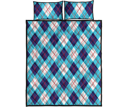 White Blue And Red Argyle Pattern Print Quilt Bed Set