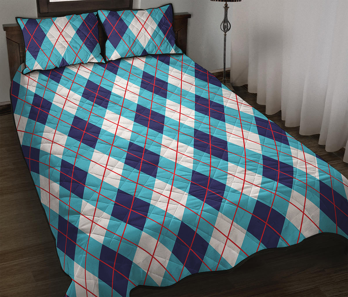White Blue And Red Argyle Pattern Print Quilt Bed Set