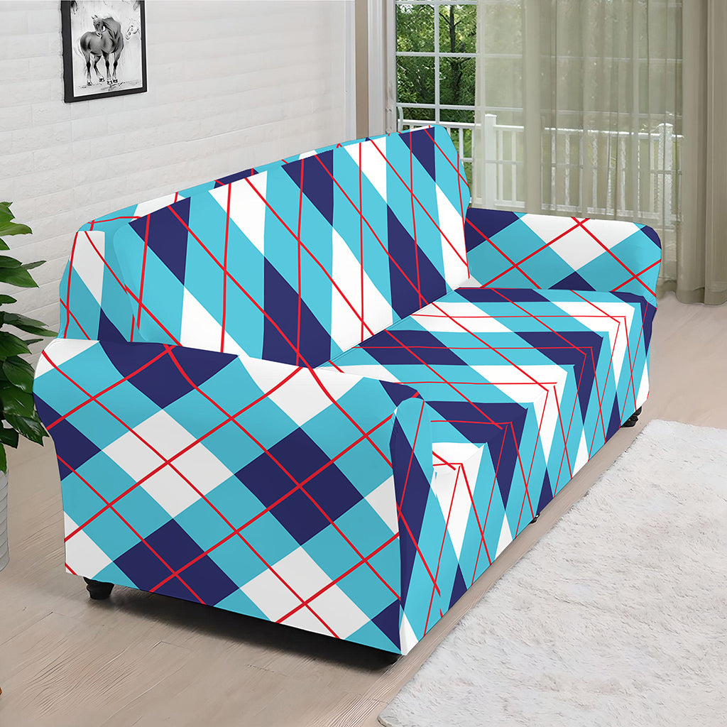 White Blue And Red Argyle Pattern Print Sofa Cover