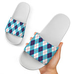 White Blue And Red Argyle Pattern Print White Slide Sandals