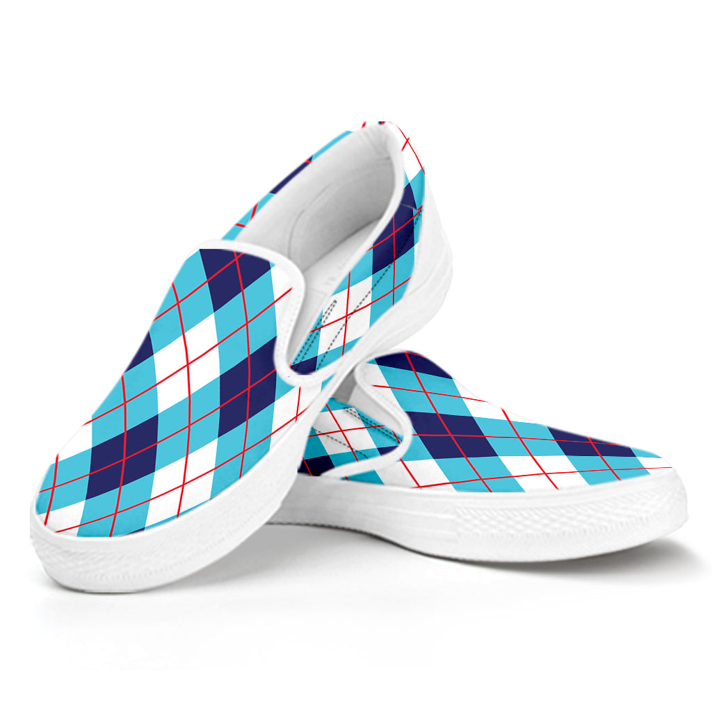 White Blue And Red Argyle Pattern Print White Slip On Shoes