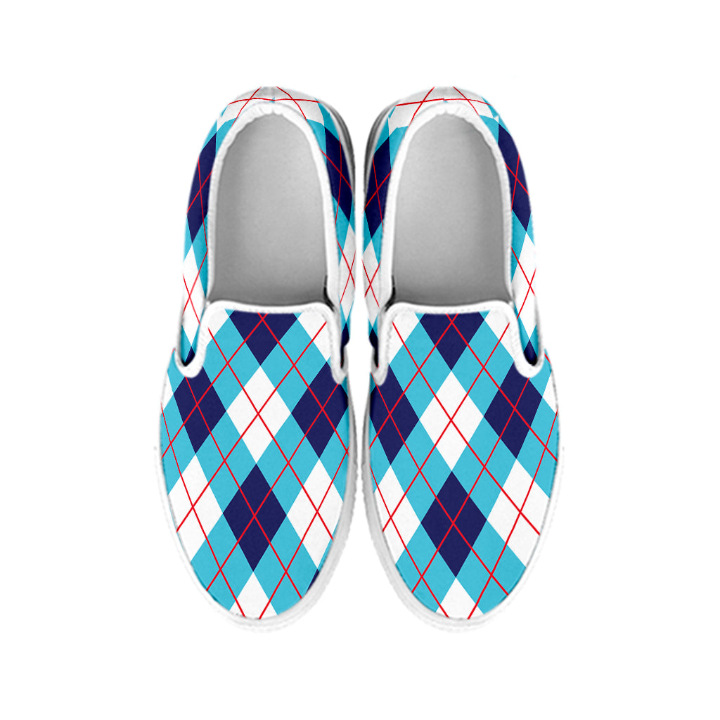 White Blue And Red Argyle Pattern Print White Slip On Shoes