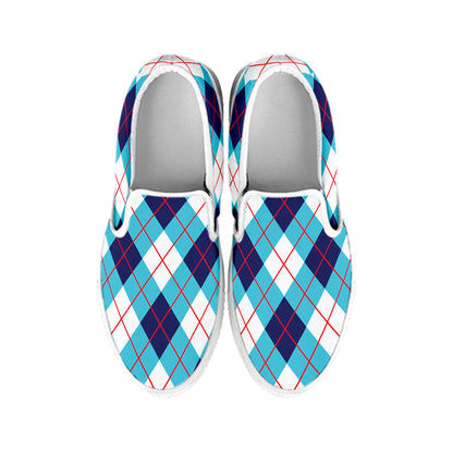 White Blue And Red Argyle Pattern Print White Slip On Shoes