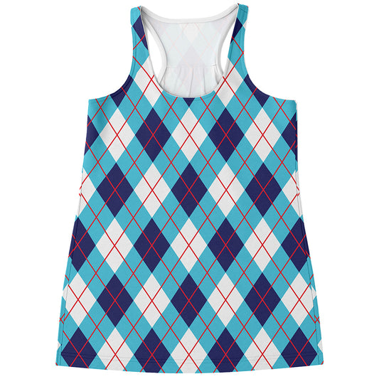 White Blue And Red Argyle Pattern Print Women's Racerback Tank Top