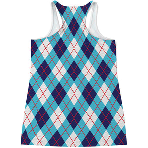 White Blue And Red Argyle Pattern Print Women's Racerback Tank Top