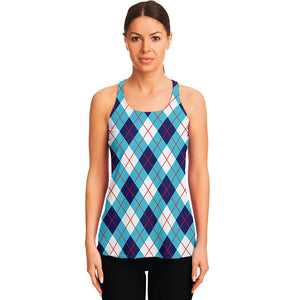 White Blue And Red Argyle Pattern Print Women's Racerback Tank Top